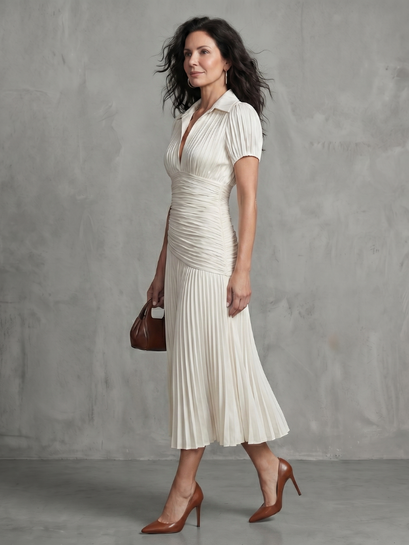 Collared V-Neck Short Sleeve Ruched Pleated Striped Midi Dress 13