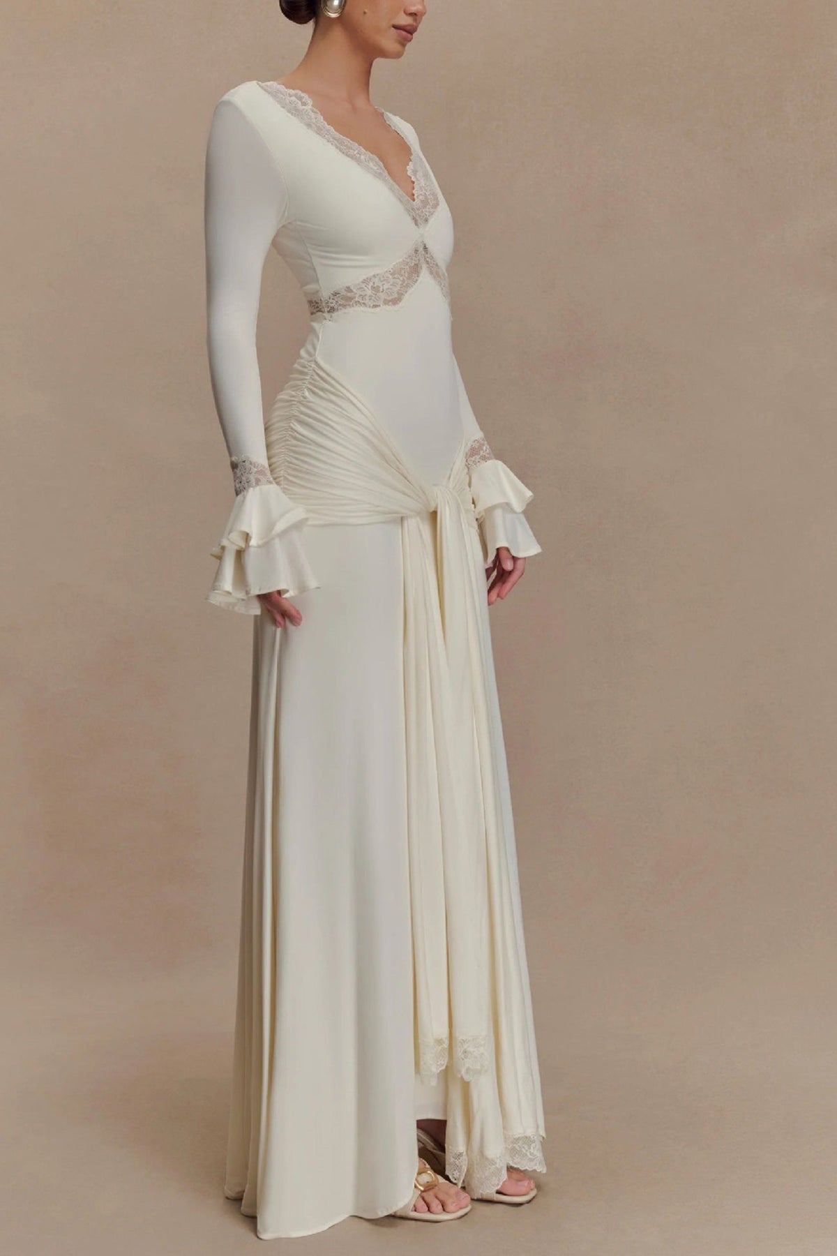 Lace Trim V-Neck Flare Sleeve Draped Hip Ruched Maxi Dress 15
