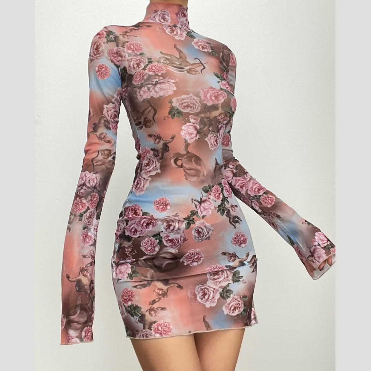 Flower print long sleeve slit sheer mesh see through high neck mini dress