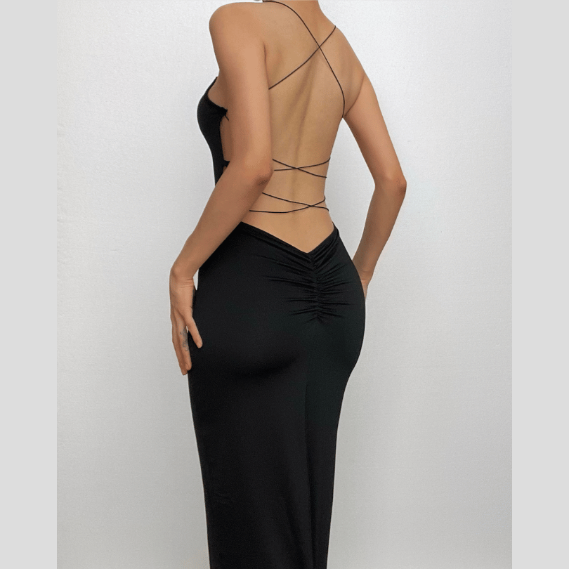 Cross Back Strappy Lace Up Backless Ruched Bodycon Maxi Dress