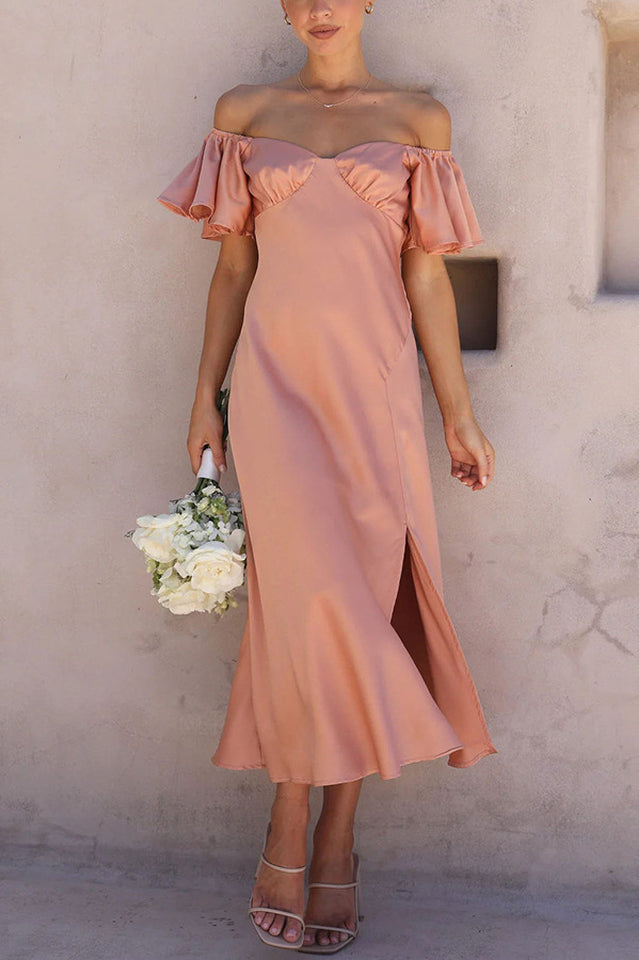Satin Off Shoulder Puff Sleeve High Split Midi Dress 8