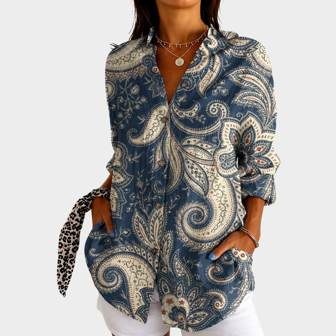 Paisley Print Long Sleeve Button Front Blouse