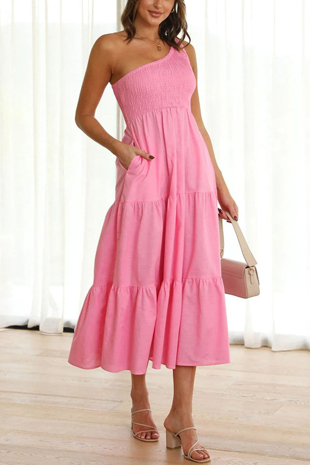 One Shoulder Smocked Bodice Sleeveless Tiered Midi Summer Dress 6