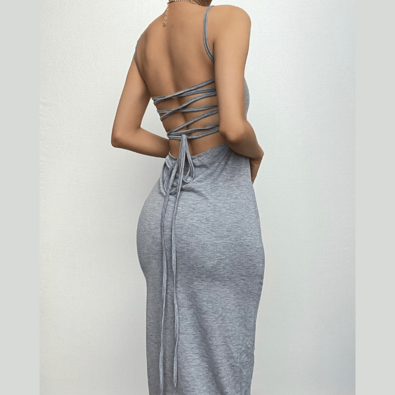 Spaghetti Strap Lace Up Cross Back Backless Bodycon Midi Dress