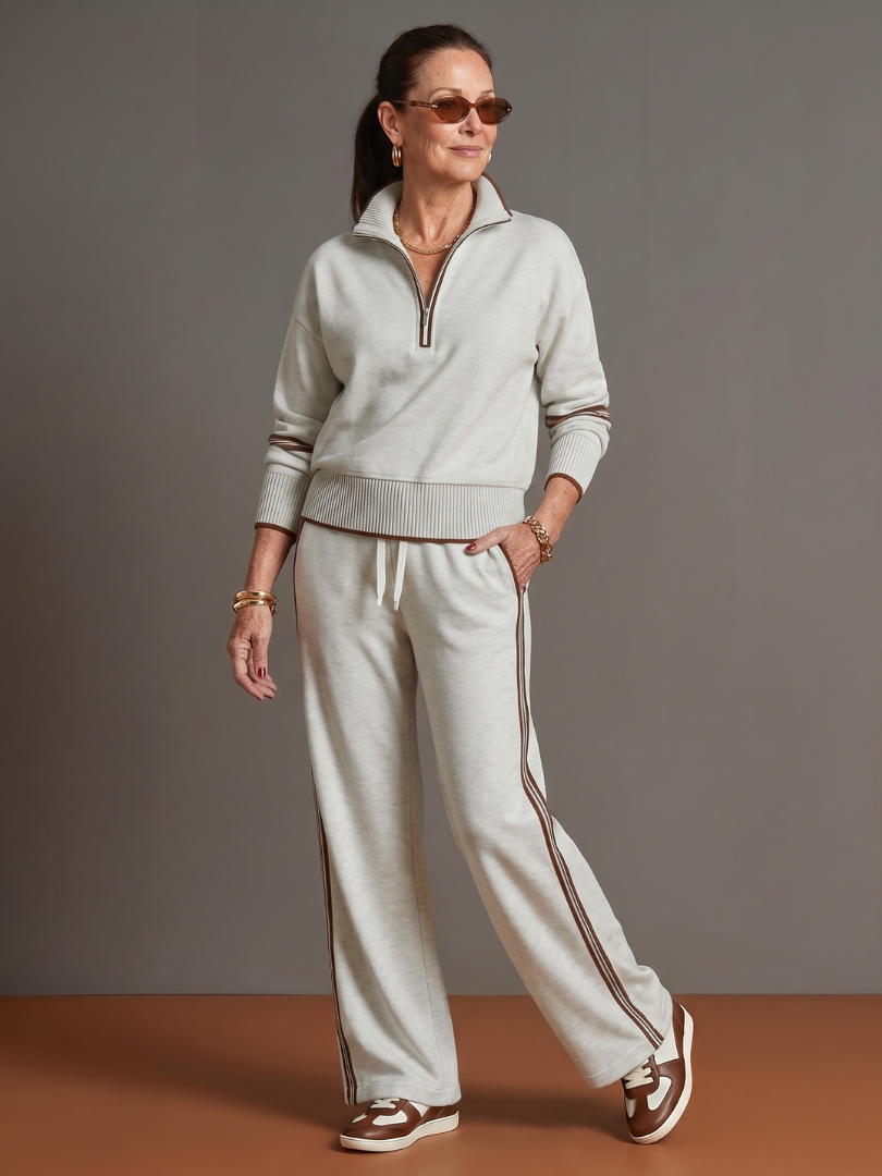 Quarter Zip Sweatshirt and Side Stripe Wide Leg Pants Two Piece Set