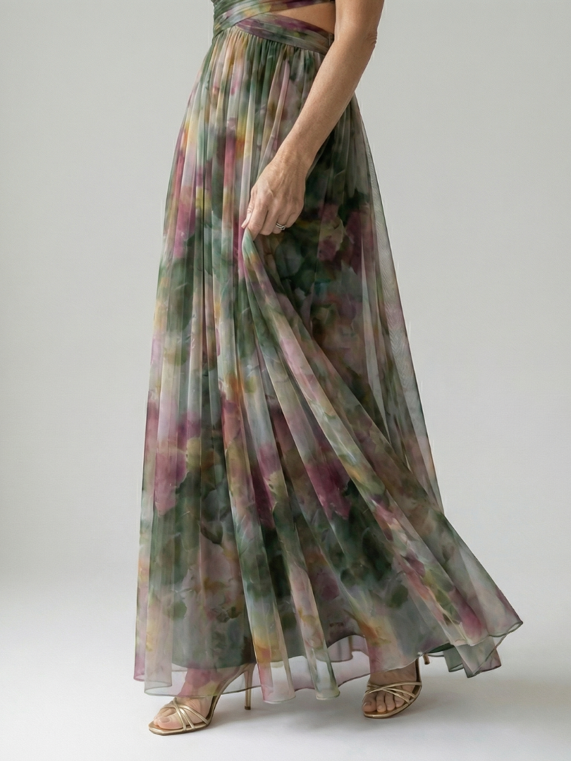 Floral V-Neck Twist Front Sleeveless Mesh Maxi Dress