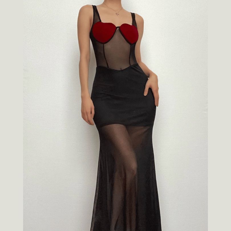 Sheer Mesh Heart Cup Sleeveless Square Neck Mermaid Maxi Dress