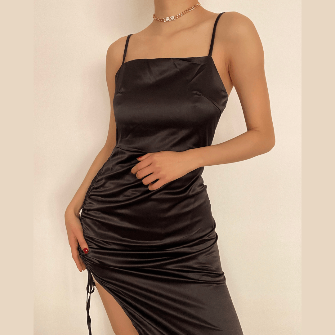 Satin Square Neck Spaghetti Strap Drawstring Ruched Side Split Midi Dress