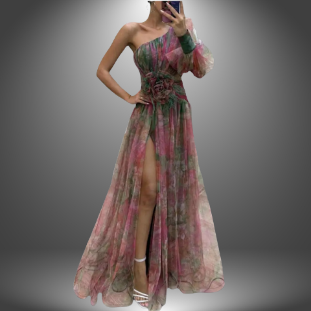 Watercolor Print One Shoulder Rosette Waist High Split Gown