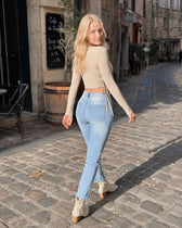 V Neck Tie Waist Bodycon Long Sleeve Tee
