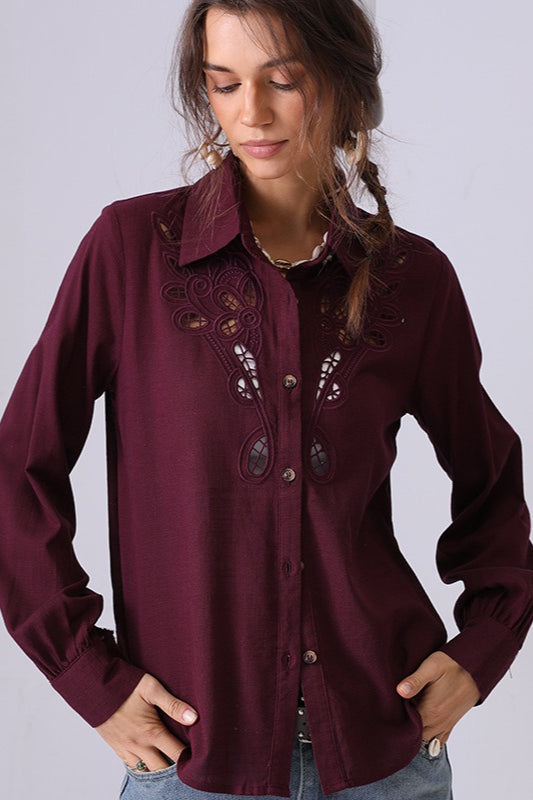 Cut Out Embroidered Collared Button Front Long Sleeve Blouse 5