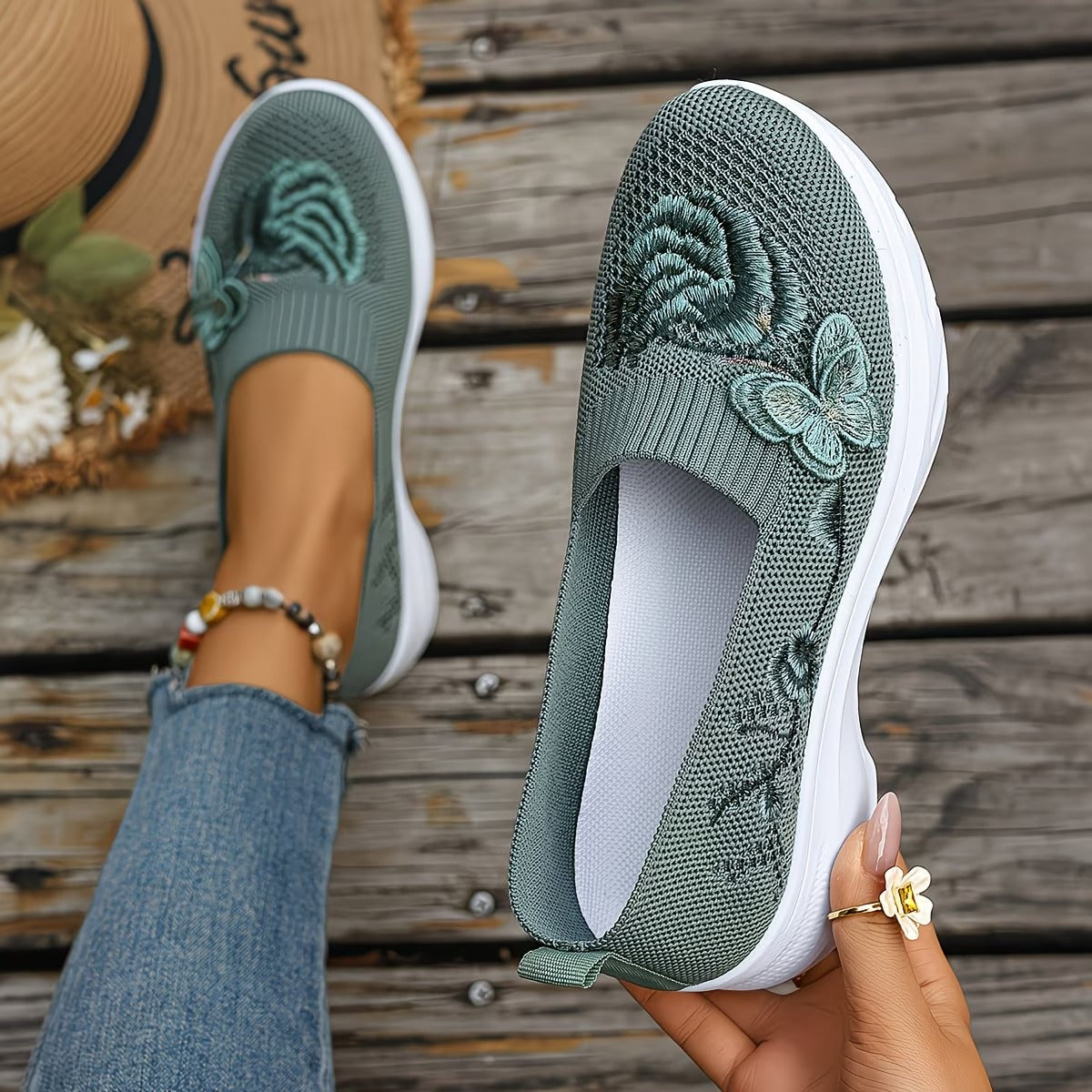 Floral Appliqué Knit Slip On Flats 2