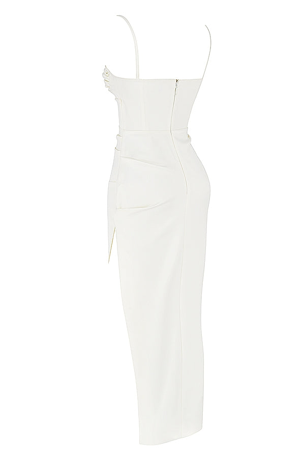 Satin Ruched Bust Spaghetti Strap High Split Midi Dress 10