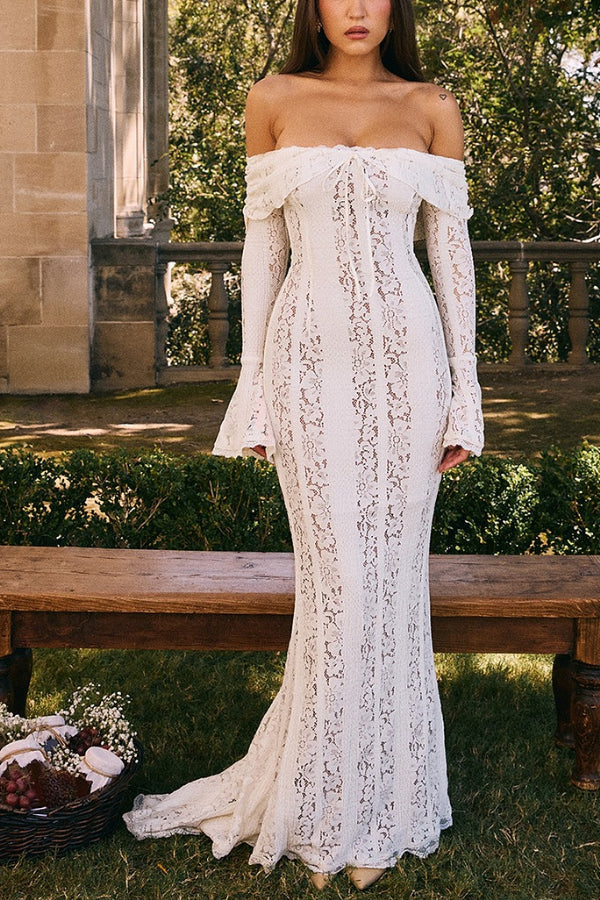 Leila Elevated Off Shoulder Floral Lace Flared Sleeve Fishtail Maxi Dress White Occasion Wear
