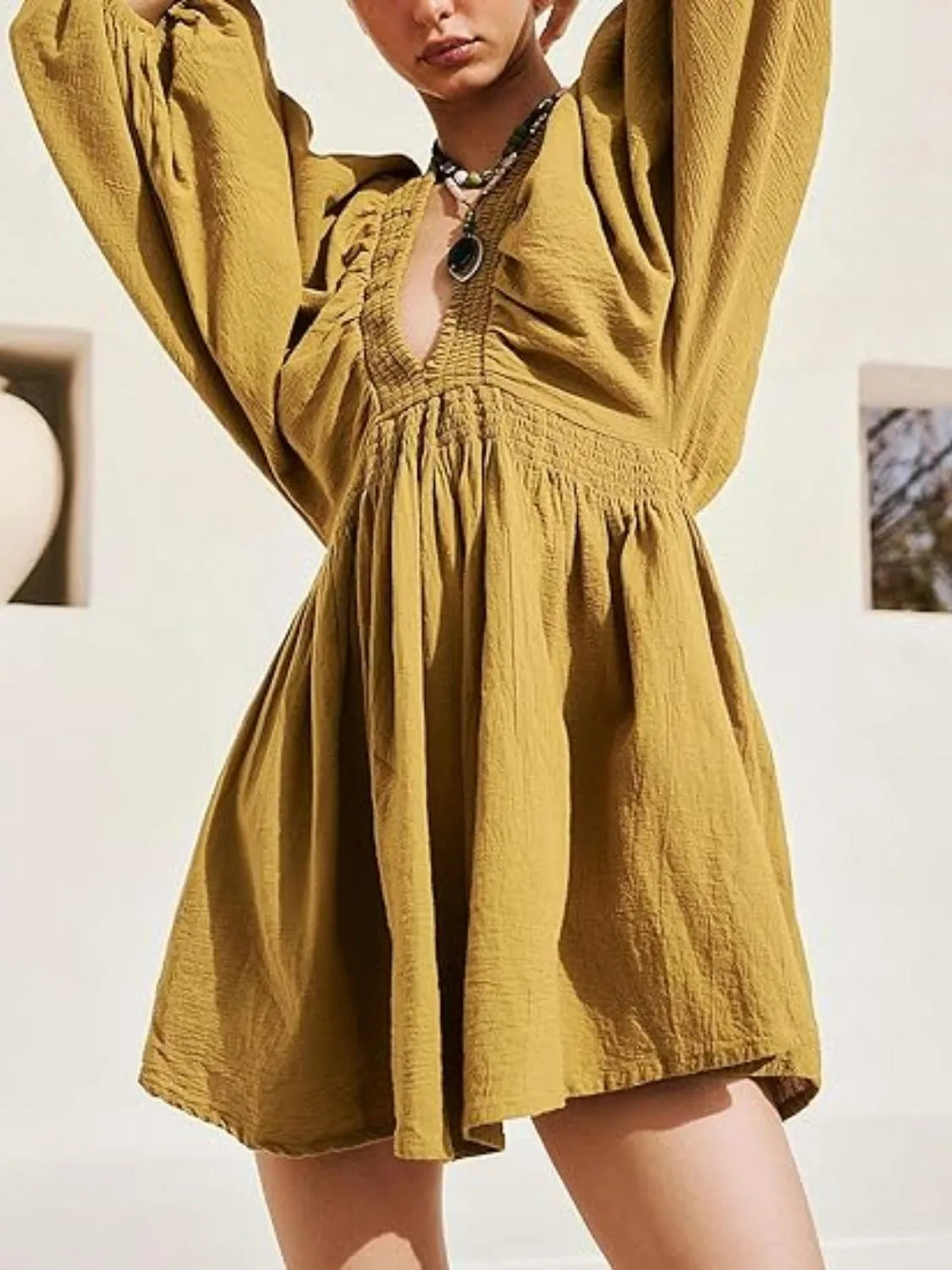 Textured Deep V-Neck Balloon Sleeve Smocked Waist Swing Mini Dress 7