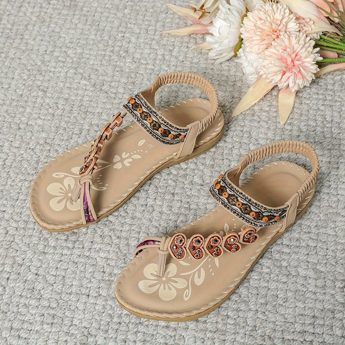 Embellished T-Strap Ankle Strap Flat Sandals