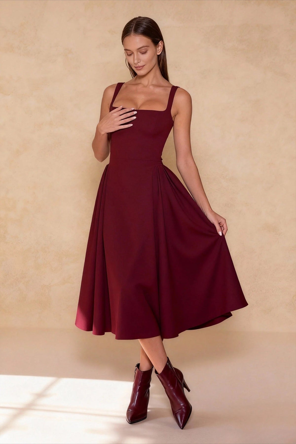 Square Neck Wide Strap Fit and Flare Midi Dress