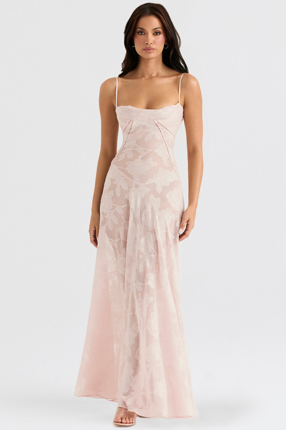 Floral Lace Spaghetti Strap Corset Bodice Sheer Mesh Maxi Gown