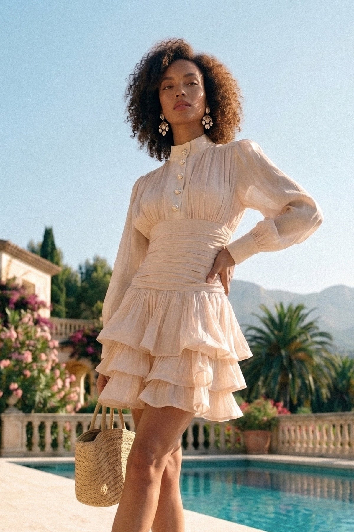 High Neck Balloon Sleeve Ruched Waist Tiered Ruffle Mini Dress 4