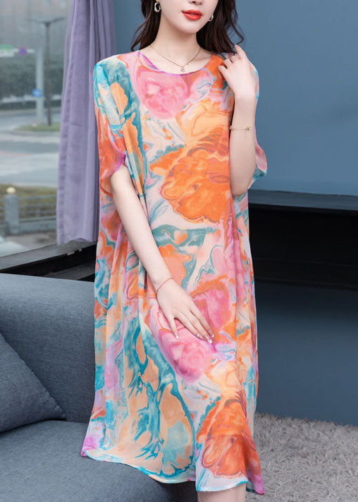 Abstract Marble Print Round Neck Butterfly Sleeve Chiffon Shift Midi Dress