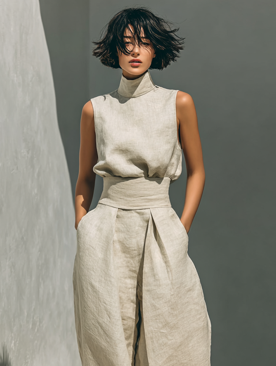 Sleeveless High Neck Top and Wide Leg Pants Two Piece Set