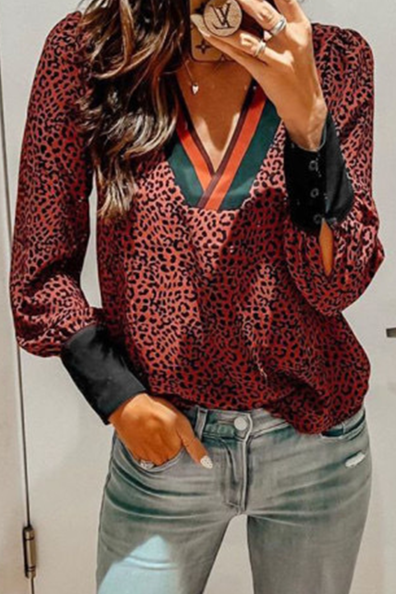 Leopard Patcwork V Necl Cuff Blouse