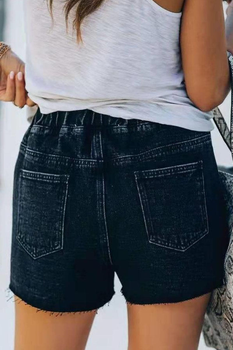 Fashion Street Solid Ripped Mid Waist Straight Denim Shorts