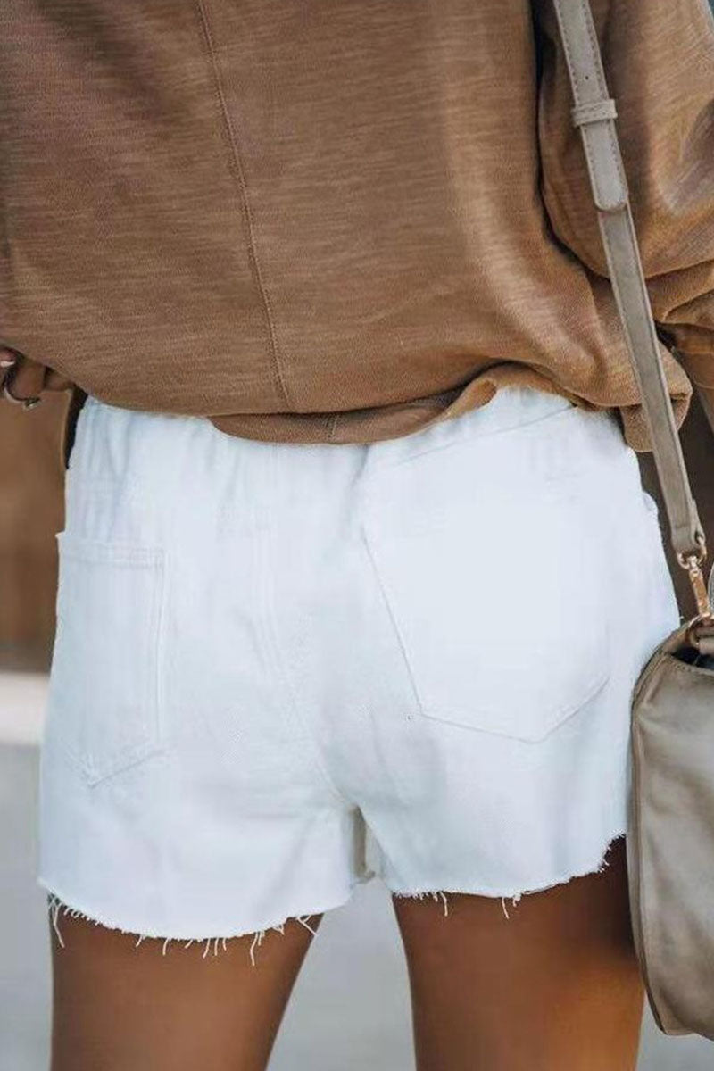 Fashion Street Solid Ripped Mid Waist Straight Denim Shorts