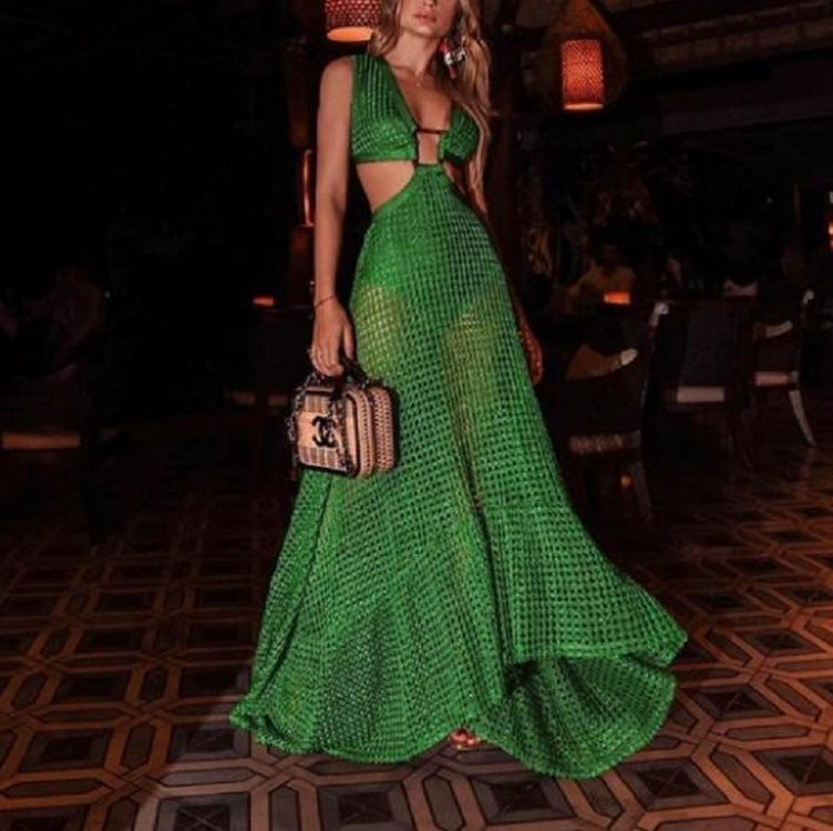 Open Knit Plunge V-Neck Side Cut Out Flared Maxi Dress