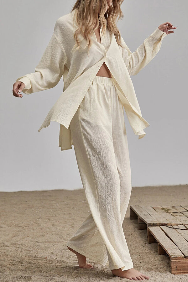 Button Blouse Wide Leg Pants Set
