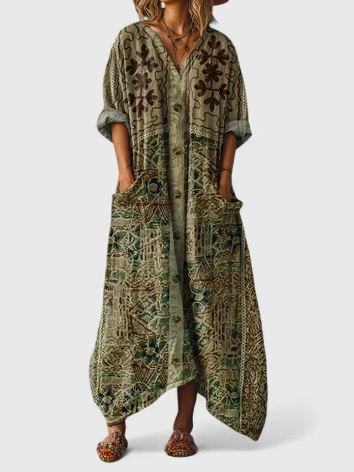 Ornate Print V-Neck Pocket Kaftan Maxi Dress 5