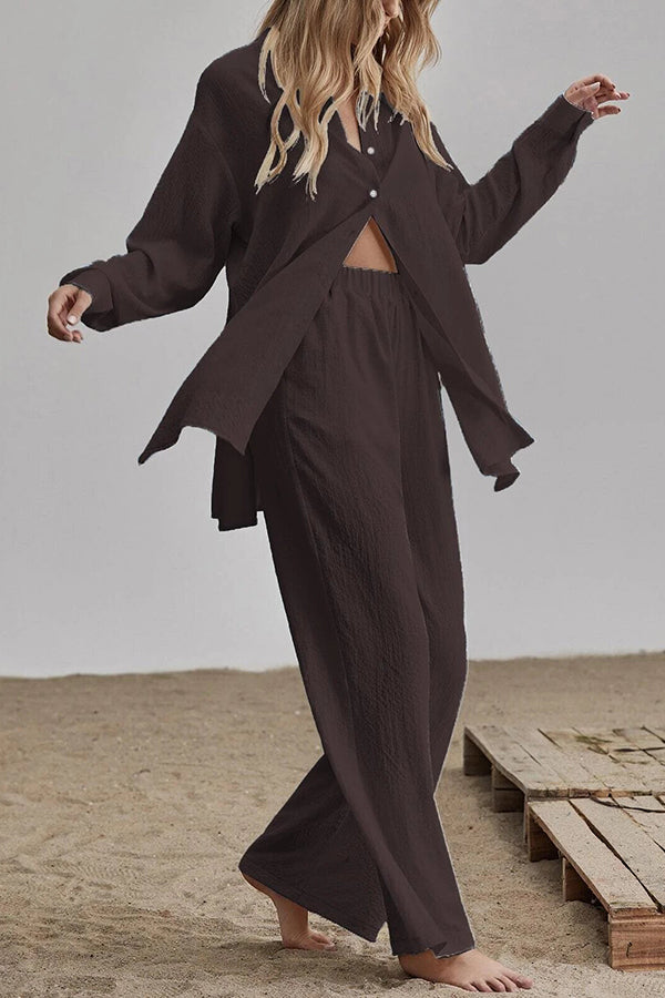 Button Blouse Wide Leg Pants Set