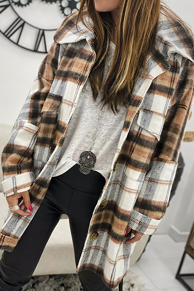 Plaid Lapel Hem Slit Loose Coat