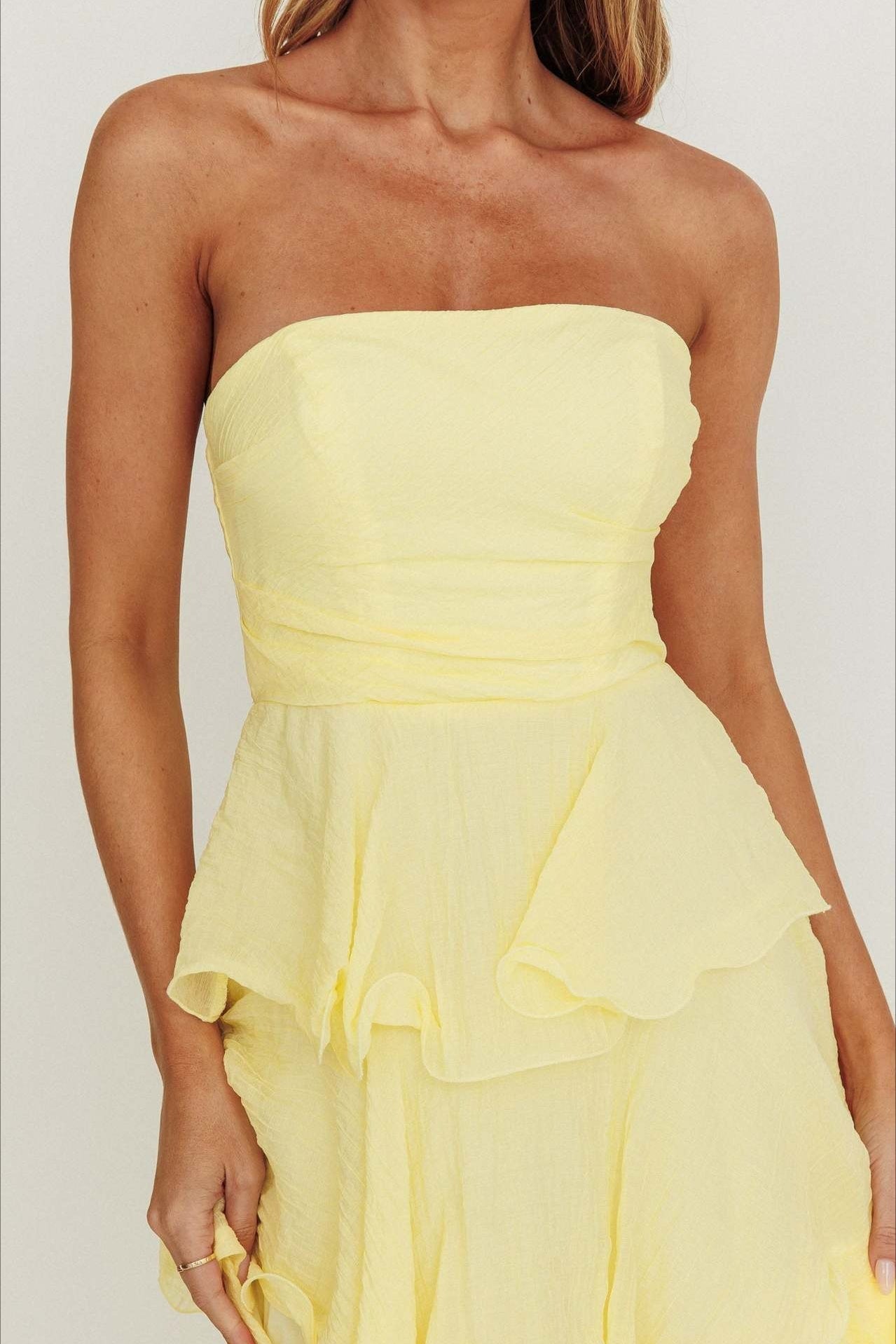 Strapless Tiered Ruffle Fit and Flare Midi Dress