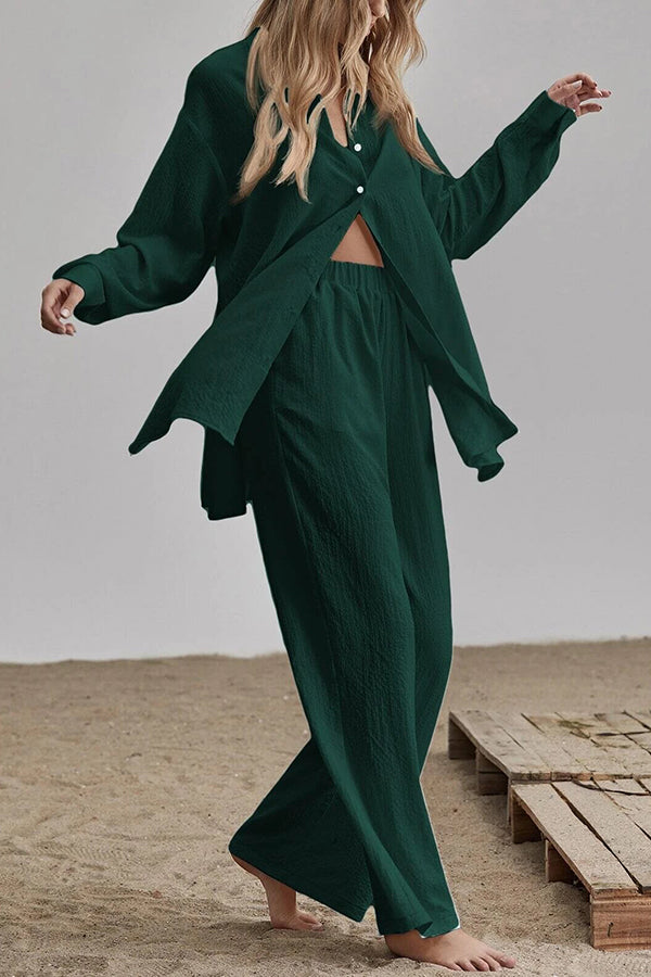Button Blouse Wide Leg Pants Set