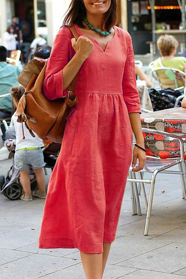 Casual Solid Fold V Neck A Line Dresses(4 colors)