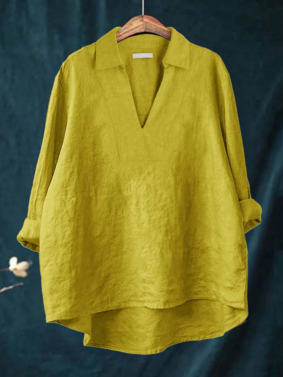 Collared V-Neck Long Sleeve Linen Look Popover Top