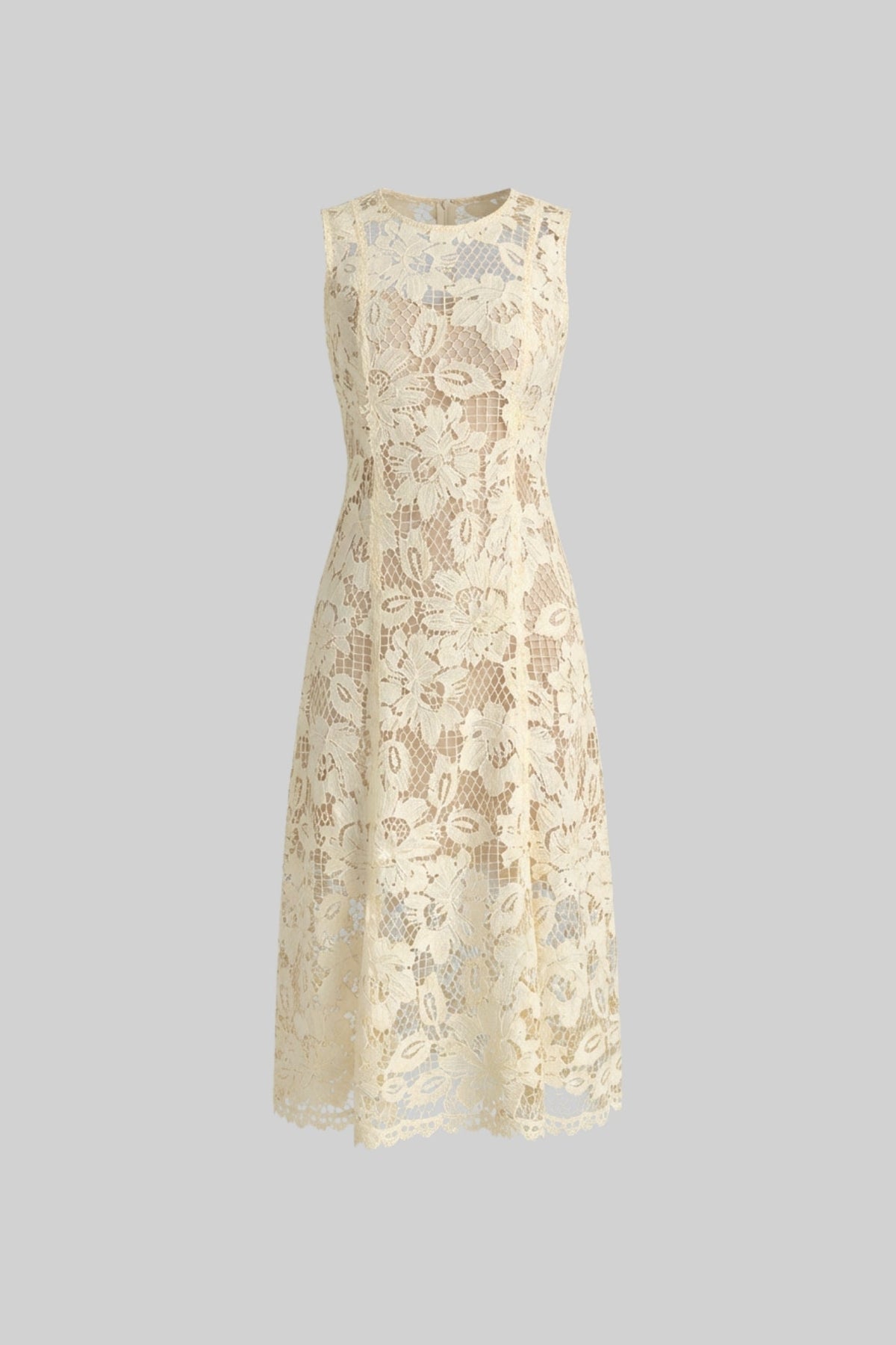 Floral Lace Crew Neck Sleeveless A-Line Midi Dress 2