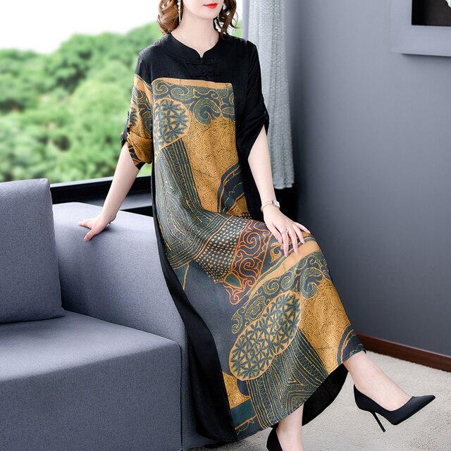 Patchwork Print Mandarin Collar Three-Quarter Sleeve Loose A-Line Midi Dress