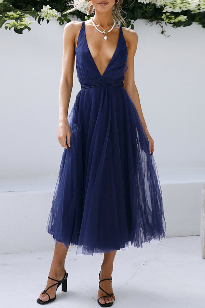 Thalia Exclusive Casual Solid Mesh V Neck Cake Skirt Dresses (4 Colors) Chic Silhouette Collection