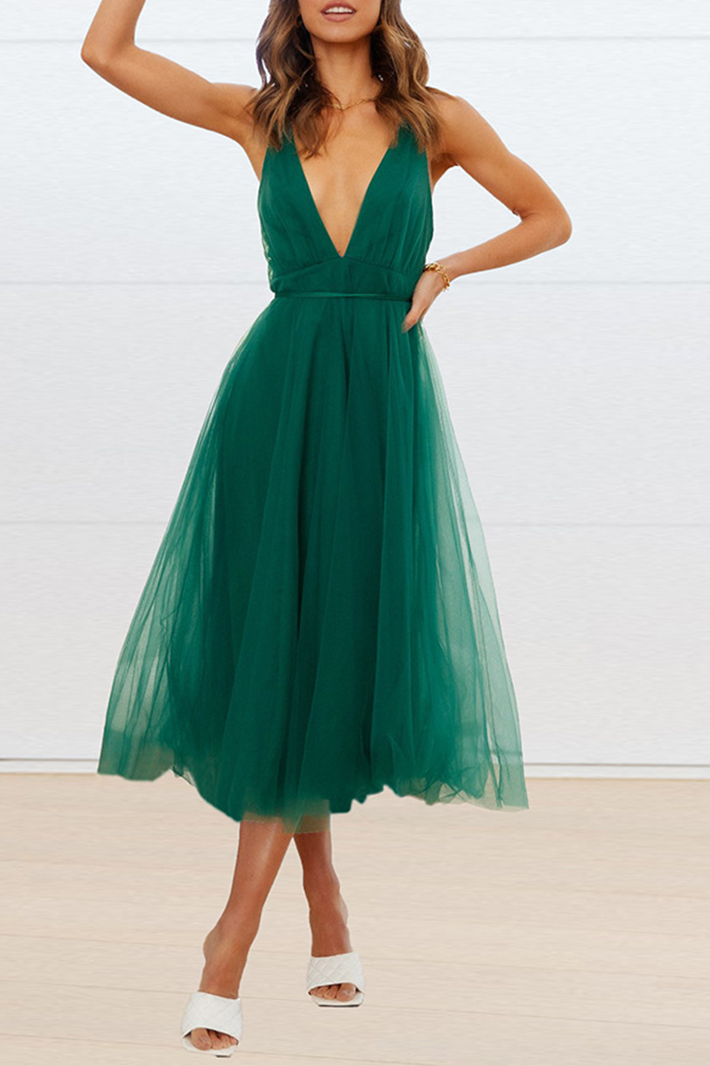 Thalia Exclusive Casual Solid Mesh V Neck Cake Skirt Dresses (4 Colors) Chic Silhouette Collection