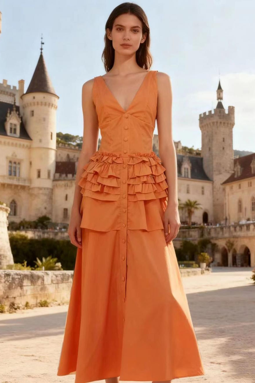 Deep V-Neck Sleeveless Corset Tiered Fit and Flare Midi Dress