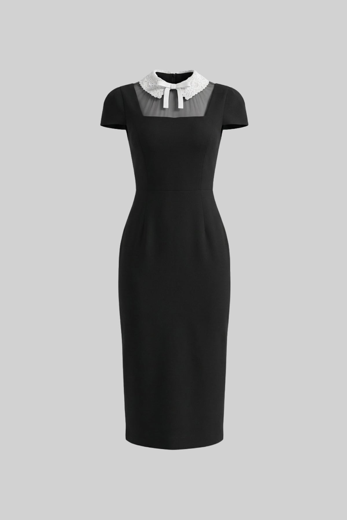 Cap Sleeve Sheer Mesh Yoke Bow Collar Sheath Midi Dress 2