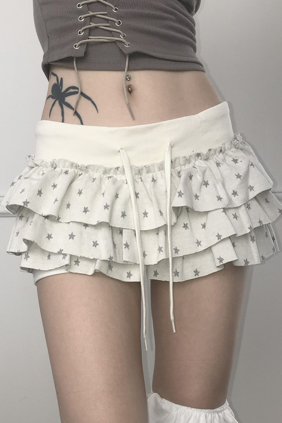 Star Print Tiered Ruffle Drawstring Low Rise Mini Skirt 3