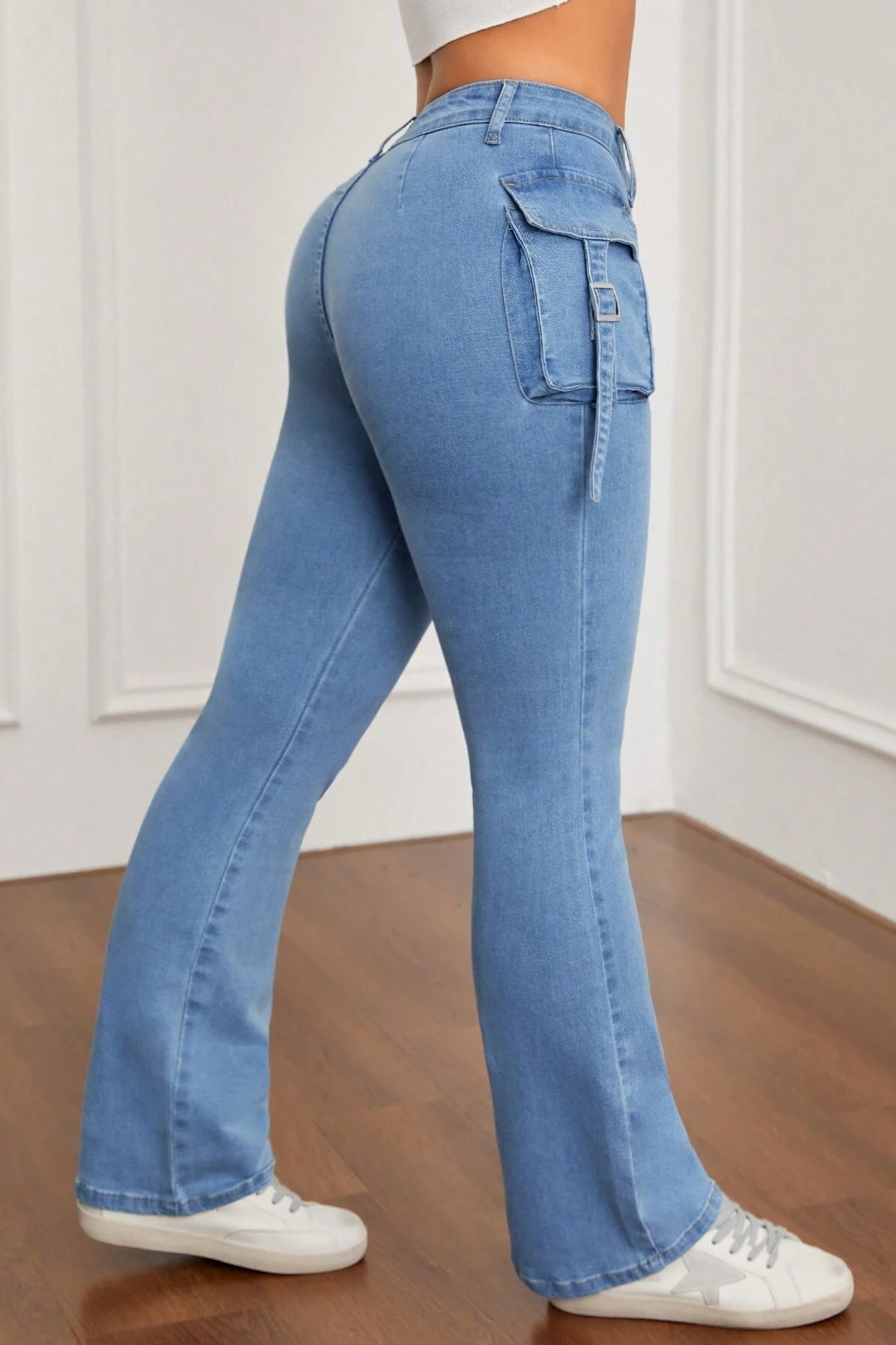 High Waist Cargo Flap Pocket Slim Fit Flare Leg Jeans 3