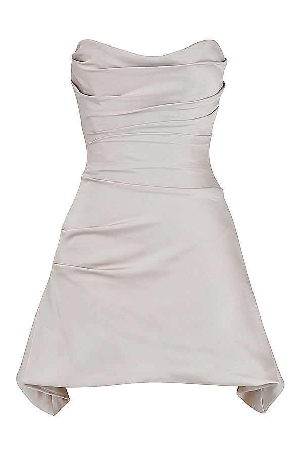 Satin Strapless Ruched Corset Asymmetric Hem Mini Dress 56