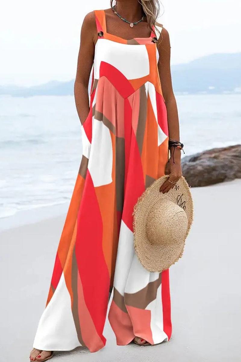 Casual Print Patchwork Square Collar Straight Jumpsuits(4 colors)