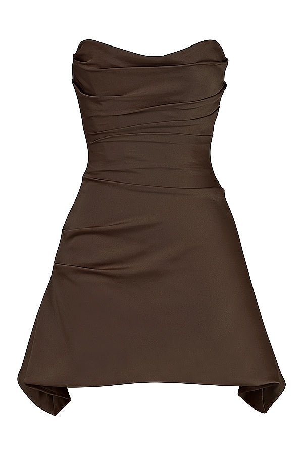 Satin Strapless Ruched Corset Asymmetric Hem Mini Dress 32
