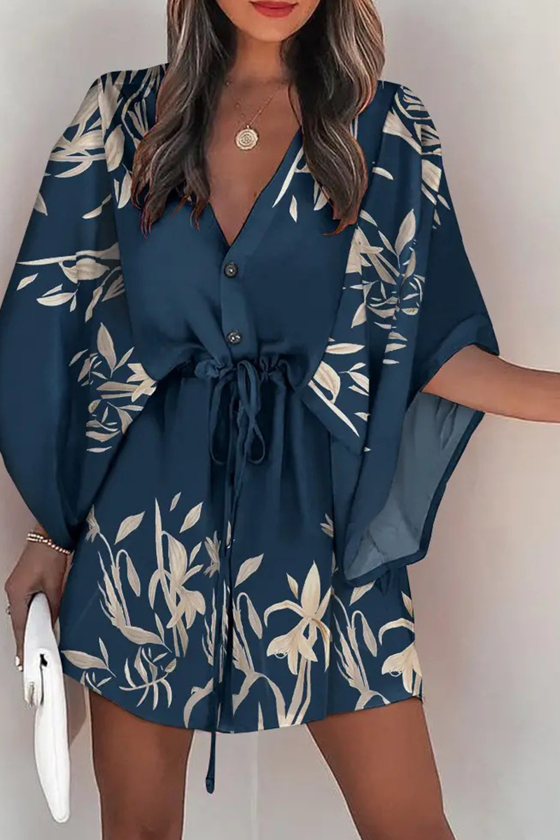 V-Neck Button Down Kimono Sleeve Drawstring Waist Mini Dress