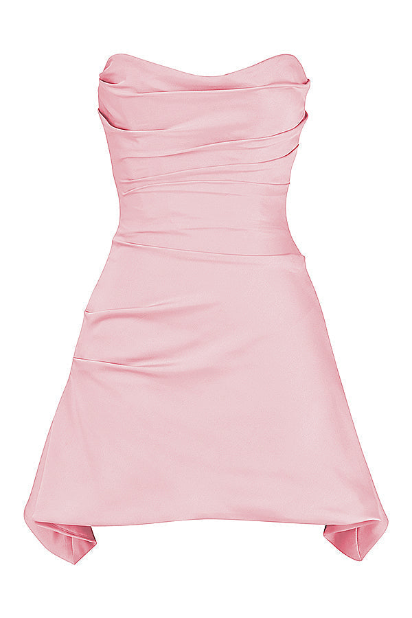Satin Strapless Ruched Corset Asymmetric Hem Mini Dress 10